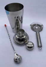 3 Piece Bartender Set with Cocktail Shaker, Strainer, and Bar Spoon -Never Used.