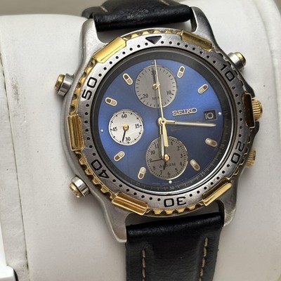 Vintage Seiko Chronograph Sports 150 7T32-6B89 Blue Dial Watch Two