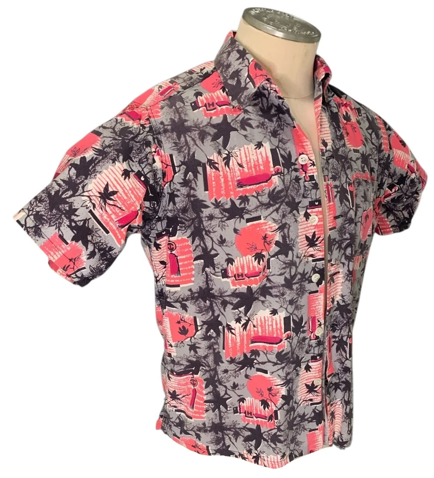 Camisa CATALINA Vintage Años 60 Para Hombre Algodón SS - Talla S/M Linternas Japonesas Rosa/Gris Foto 2 de 4