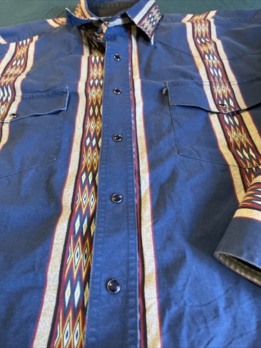 Vintage Brush Popper Wrangler Western Pearl Snap Langarm Aztekenblau 2XL - Bild 4 von 24