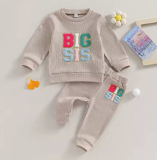 Baby Girls BIG SISTER 2 Piece Embroidered Outfit BIG SIS Sweatsuit NEW
