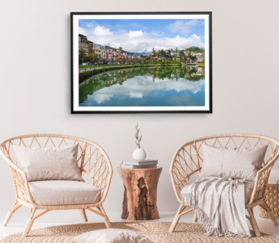 Village Print, River Wall Art, Cloudy Sky Framed Nature Wall Art, Natural