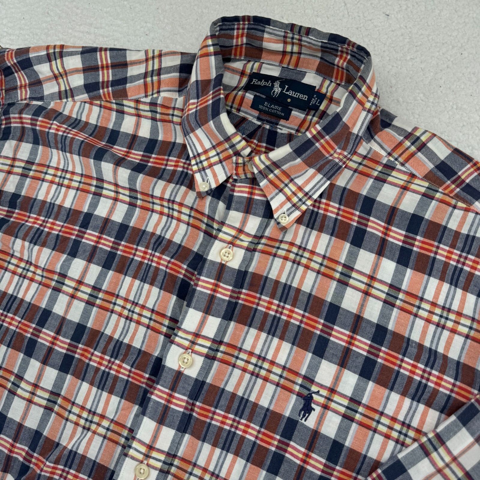Camicia vintage Ralph Lauren Blaire uomo grande blu arancione a quadri abbottonata pony