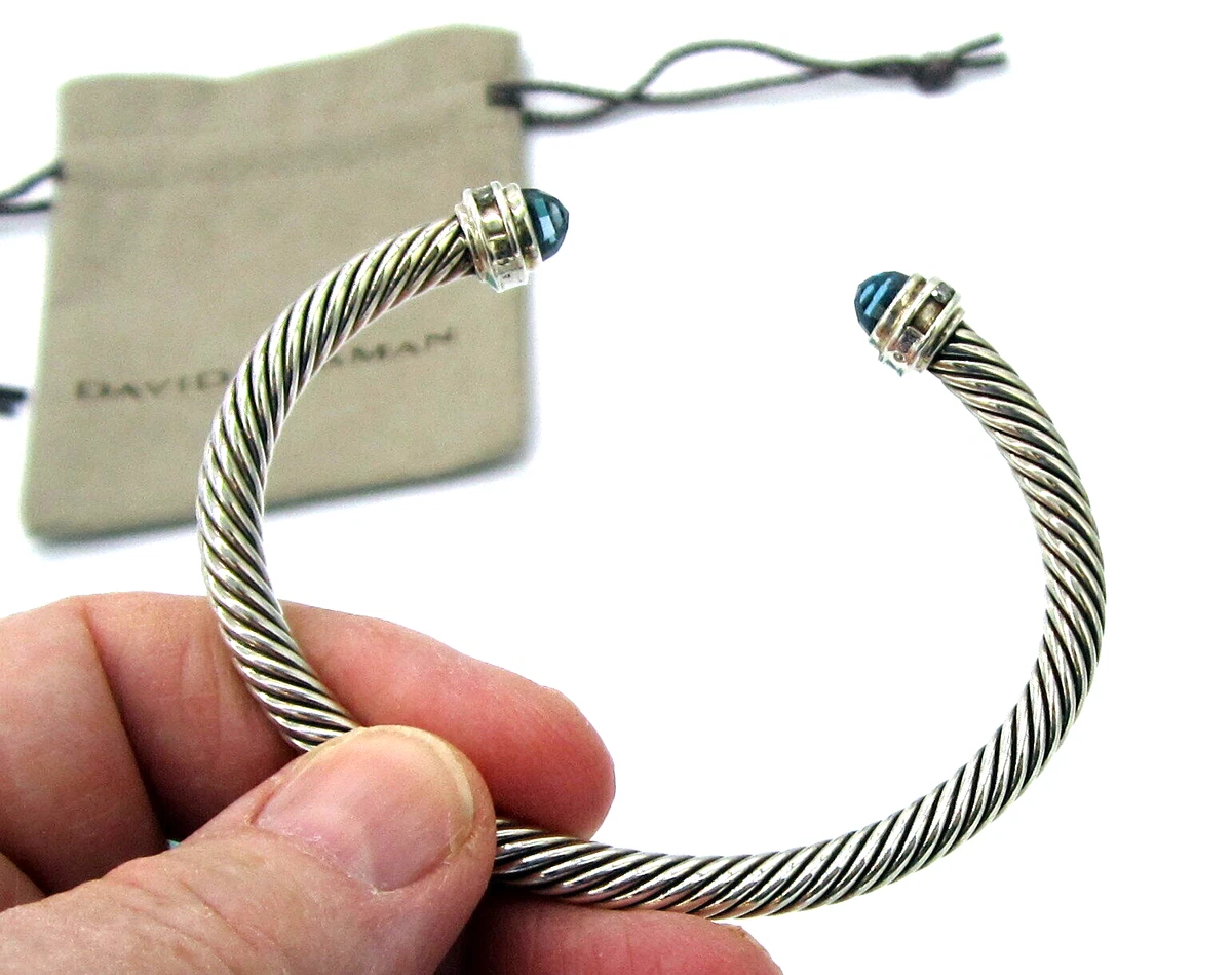 DAVID YURMAN Large 5MM Sterling Silver Blue Topaz Diamond Classic Cable Bracelet