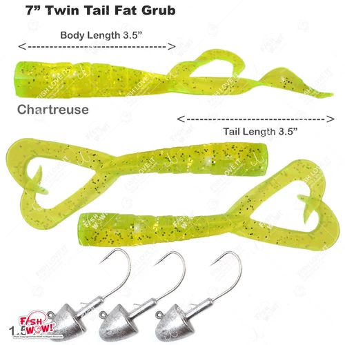 3pcs Fishing Chartreuse 7" Twin Tail Grub 1.5oz Scampi Bullet Jig head Plain