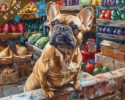 French Bulldog dog painting in a lively marketplace 8x10 Print 