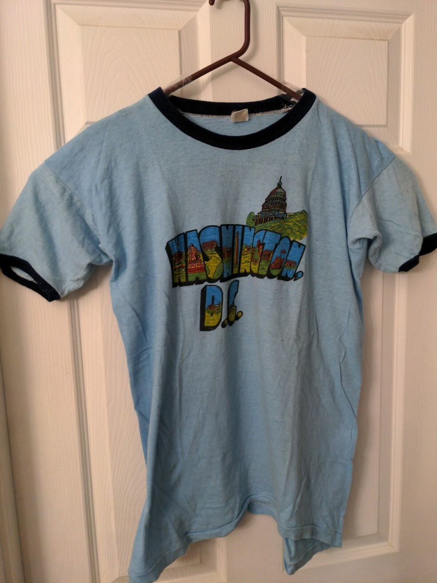 Mens VINTAGE 70s 80s Washington DC Ringer Tee Shirt Blue Size 