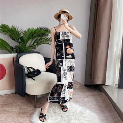 Pleats Please Issey Style Pleated Sleeveless Summer Dress with Geometric Print