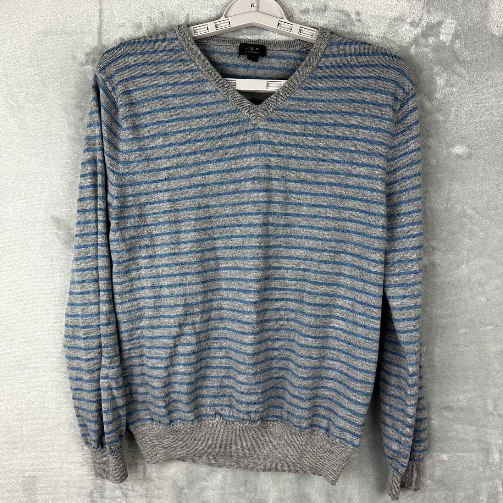 J Crew Mens Merino Wool Sweater Medium Slim Fit Striped V-Neck Gray Blue