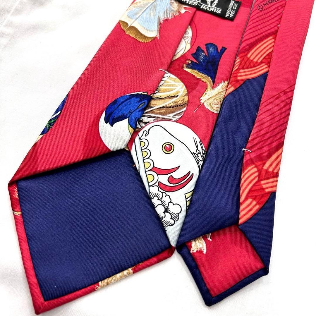 HERMES Scarf pattern Floral 100% Silk Tie Men Red Flower Navy Blue