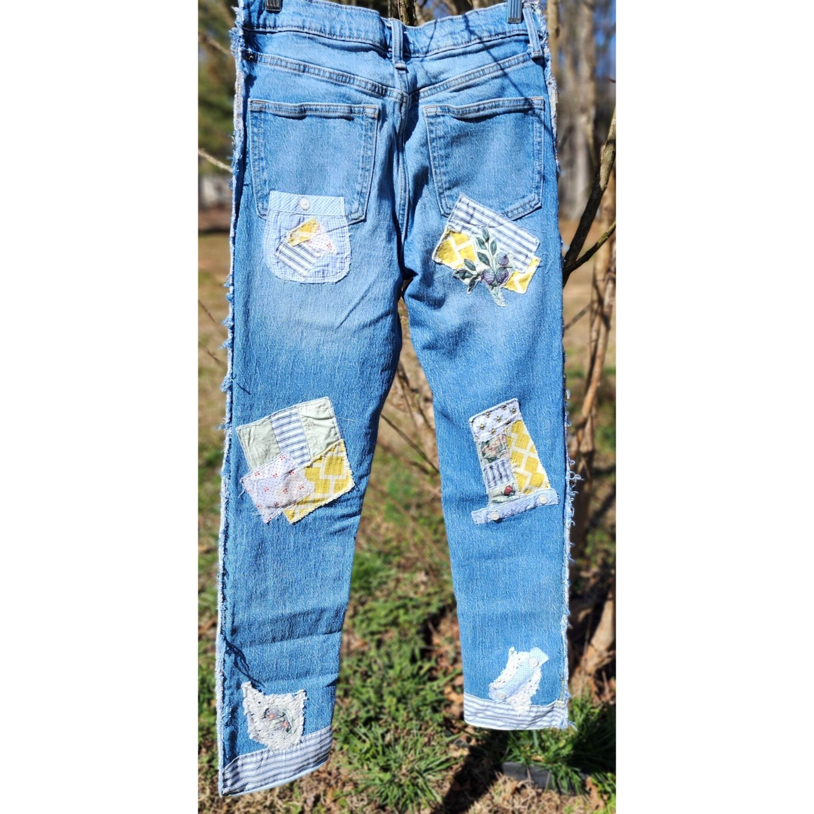 Denim jeans Upcycled distressed Patchwork appliqu… - image 8