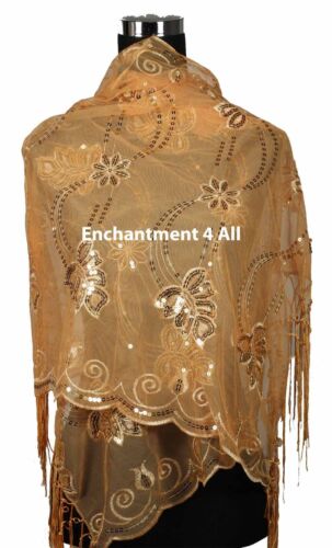 Handmade Lace FLORAL Pattern Scarf Shawl Wrap w/ Sequin & Crochet Fringe, Orange - Picture 3 of 6
