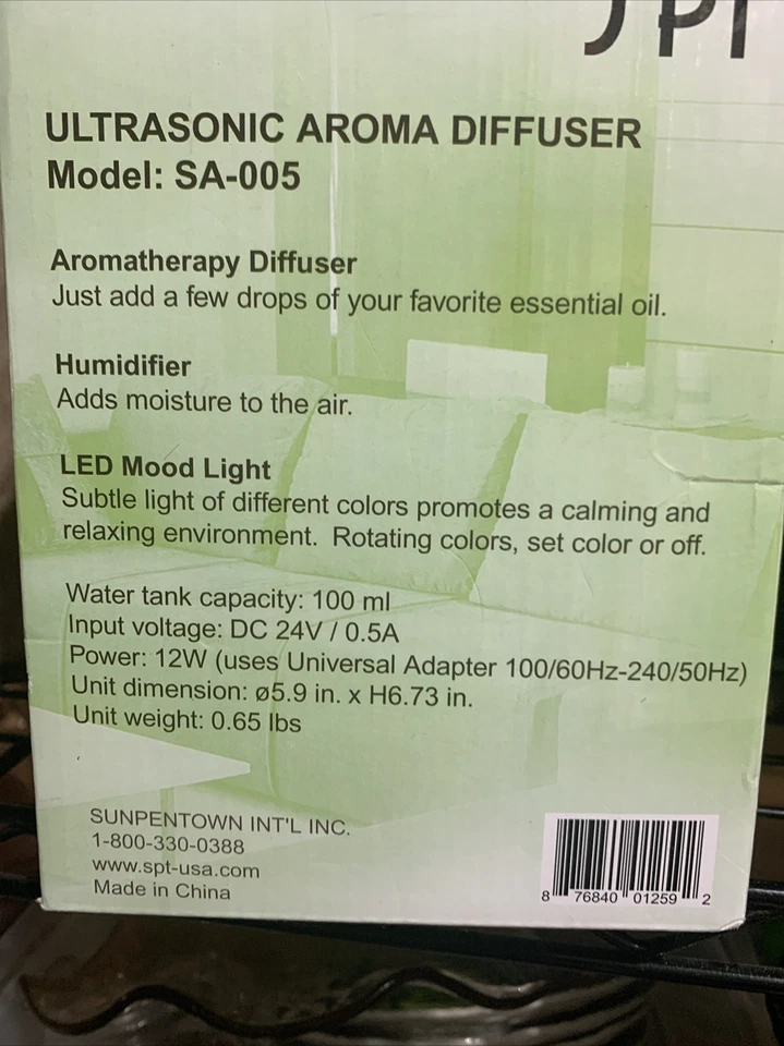 SPT SA-005 Ultrasonic Aroma Diffuser/Humidifier / LED Mood Light - Image 4 of 4