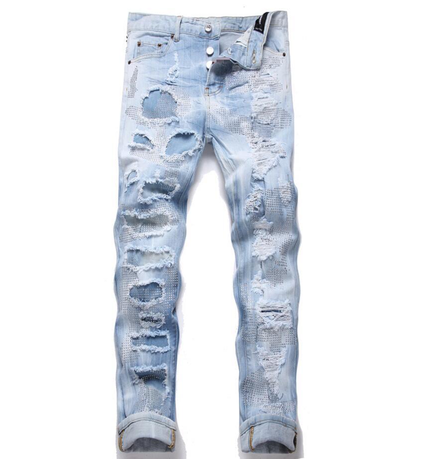 ● RONRON ● PATCH ROLL UP DENIM PANTS LIGHT BLUE CHECK Men's Light Blue Denim Jeans Rhinestone Decor Hip Hop Ripped