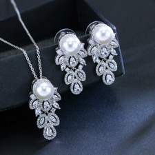 Women Silver Plated Cubic Zirconia Leaf Drop Pearl Earrings Necklace Jewelry Set