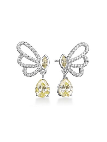 Light Yellow & White Lab-Created Diamonds Half Butterfly Drop Women's Earrings - Picture 2 of 6