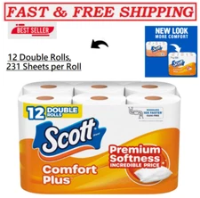 Scott ComfortPlus Toilet Paper 12 Double Rolls, 231 Sheets per Roll, Septic-Safe