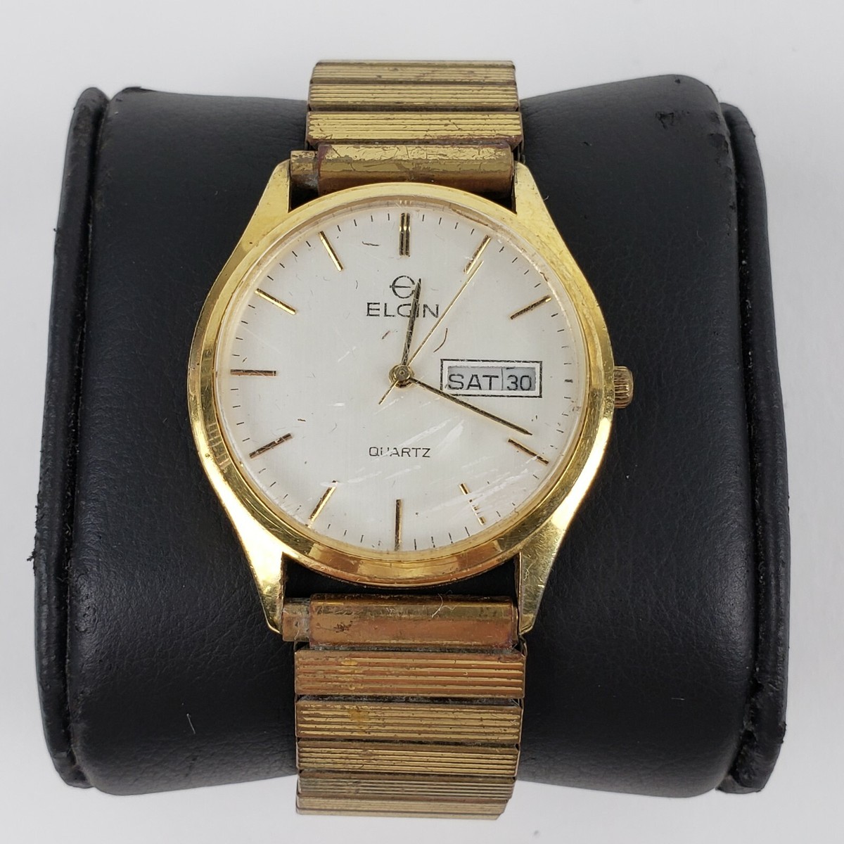 Vintage Elgin Quartz Day Date White Dial Gold Tone Case Band | eBay