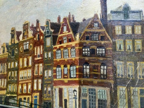 Barco "LLAZET Moort 47" Vintage c1947 Original Aceite Edificios Antiguo Ámsterdam - Imagen 4 de 12