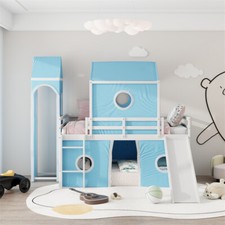 Kids House Bunk Bed with Slide Tent Tower Twin Size Loft Bed Frame,Blue