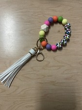 Multicolor Leopard Wooden Beaded Wristlet Keychain With Tassel