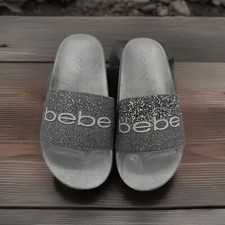 NEW IN BOX Bebe Womens Fraida Silver Glitter Slide Sandals Flats 7 Medium B,M 