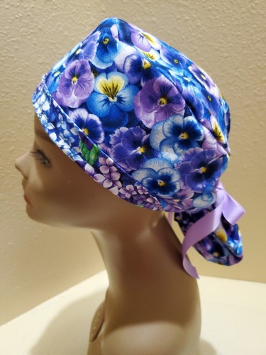 Pansies Blue & Purple Women's Ponytail Surgical Scrub Hat/Cap Handmade - Picture 2 of 9