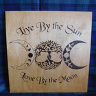 Beautiful handmade pyrography pagan/tree of life/moon design on wood plaque