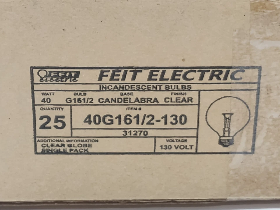 BRAND NEW 25 Bulb Case FEIT G16.5 40watt Candelabra Base Clear Light Bulbs - Image 2 of 2