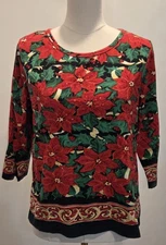 Vintage Collections Etc Christmas Red Poinsettia Sequin Holiday Top Women's L