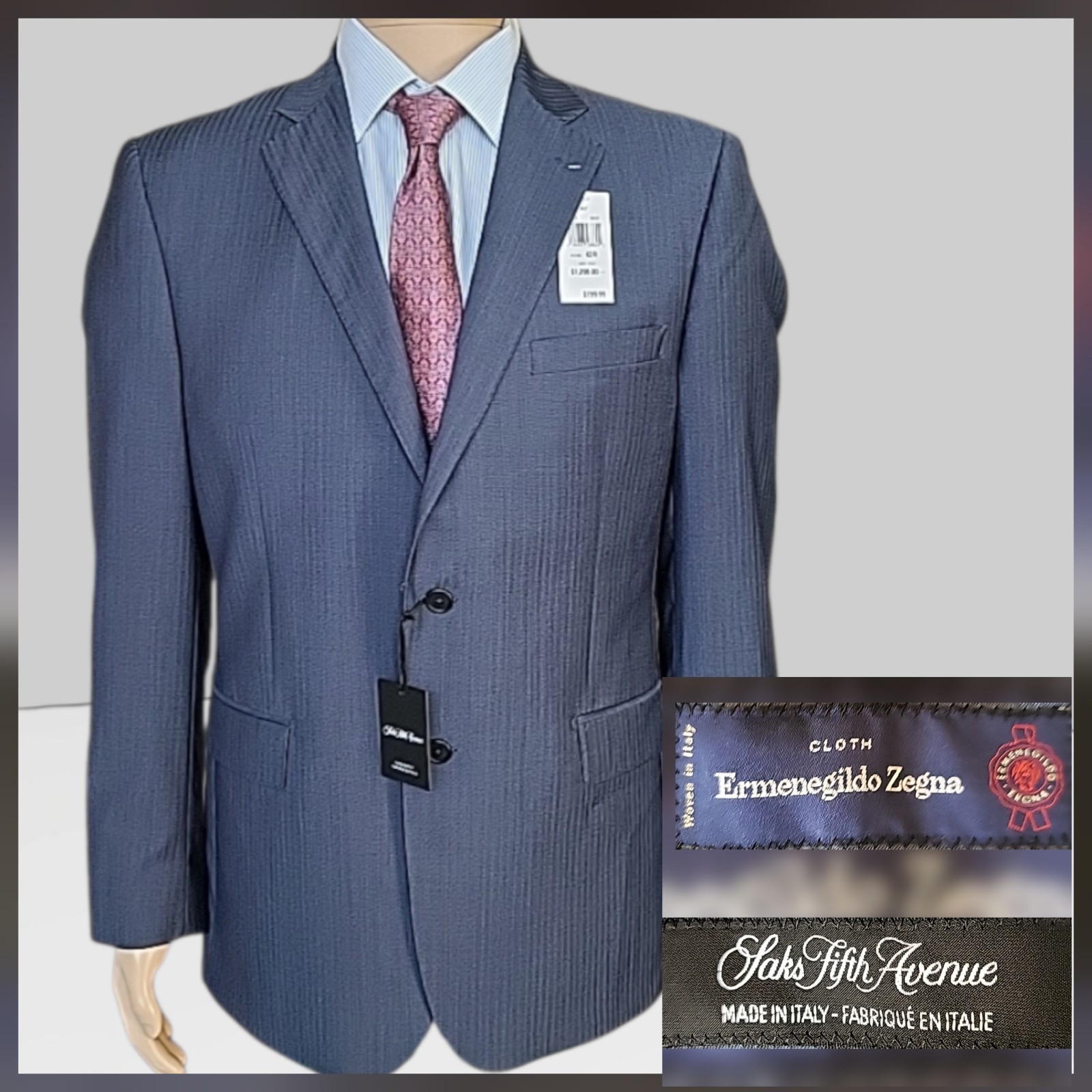 Saks 5th Avenue 42R Navy Slim Fit Blazer Wool Silk Ermenegildo Zegna Fabric NWT