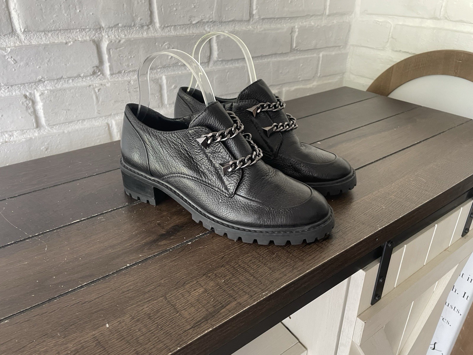 SAOLA Mocassino Schutz Ruteh donna nero pelle catene suola a strappo scarpe grosse taglia 7