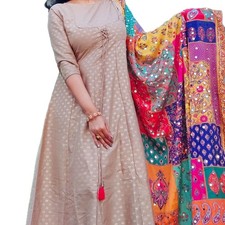 Indian Bollywood Partywear Silk Anarkali Long Kurta Gold beige Foil Kurti only