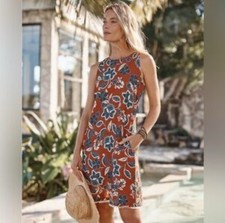 Garnet Hill 100% Linen Dress Floral Rust Brown Sleeveless Shift Dress Size 4