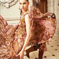 Ulla Johnson RARE Celestia Floral Batik Print Midi Dress Olive Ruffl Silk Size 6