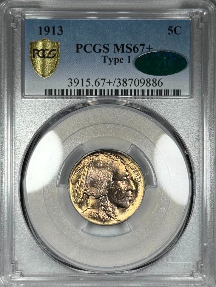 1913 BUFFALO NICKEL 5C PCGS MS67+ CAC TYPE 1 GEM UNCIRCULATED BU TONED (N51) - Image 4 of 4