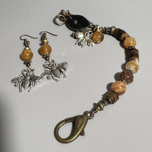 Bracelet Earring Set Mixed Metal Semi Precious Agate Honey Bee New Age Gift - Picture 19 of 20