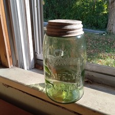 PRETTY GREEN SWAYZEE'S IMPROVED MASON QUART FRUIT JAR WITH ZINC LID NICE COLOR