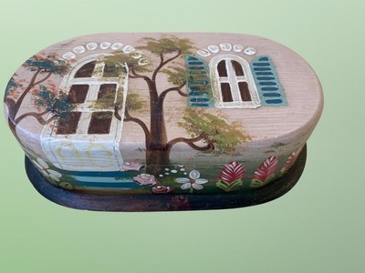 FOLK ART Original 1930s Hand-Painted Cottage with Picket Fence Oval Trinket Box
