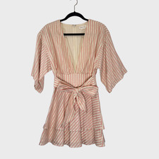 Lovers + Friends Women Dress Pink Hazen Striped Bow Tie Mini Plunge V Neck Small