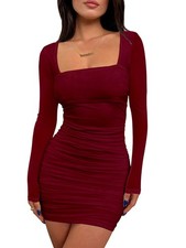 Women's Sexy Ruched Bodycon Mini Dress Mesh Long Sleeve Club Party Short Dres...