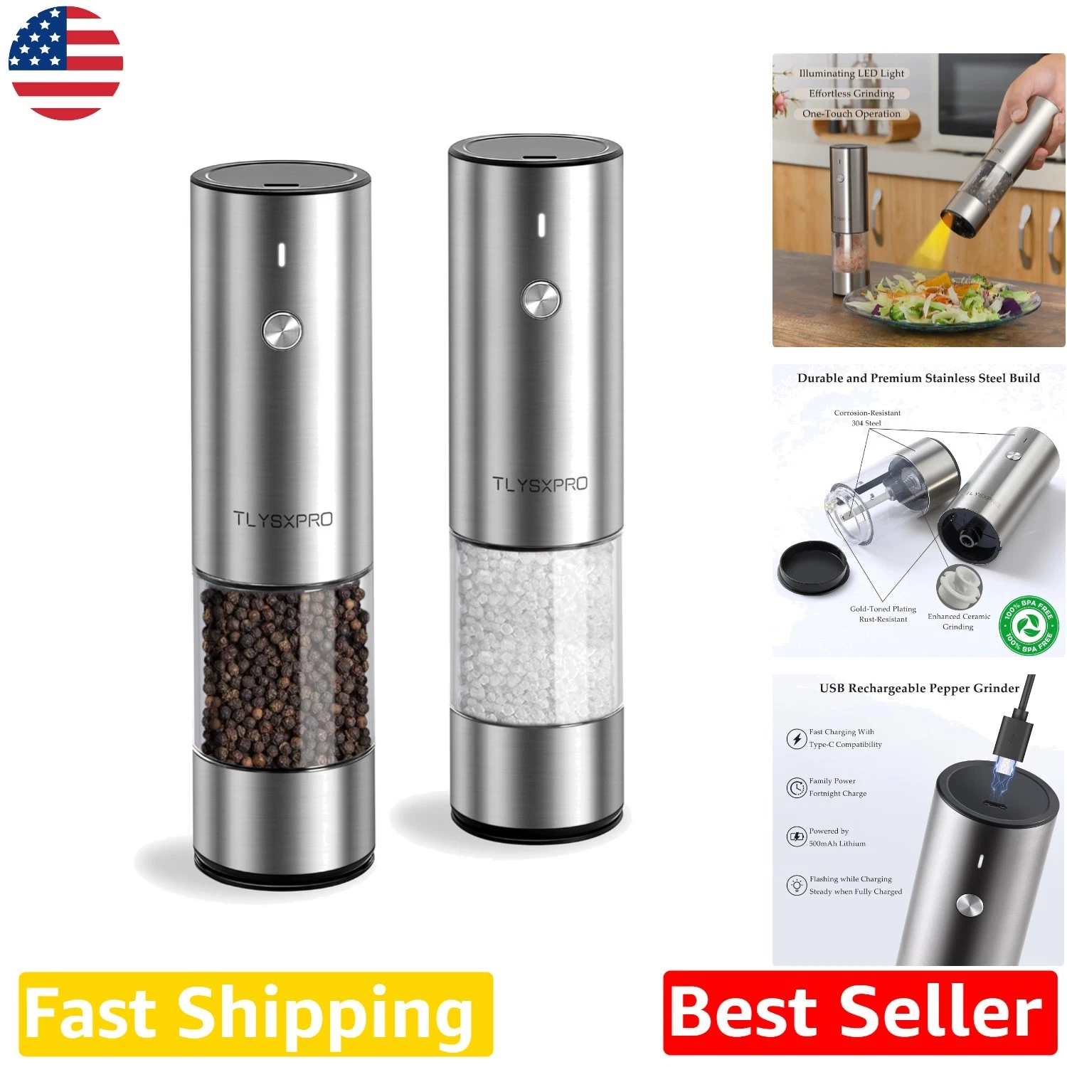 Rechargeable Salt Pepper Grinder Set, USB Type-C, Stainless Steel, 6 Coarsene...
