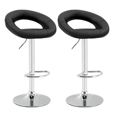 Set Of 2 Bar Stools Adjustable PU Leather Barstools Swivel Pub Chairs Black New