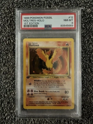 PSA 8 Pokémon Moltres 12/62 Fossil 1st Edition Holo Rare 1999