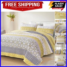 Boho Quilt Set Queen, Yellow Bohemian Striped Patchwork Bedspread Coverlet Se...