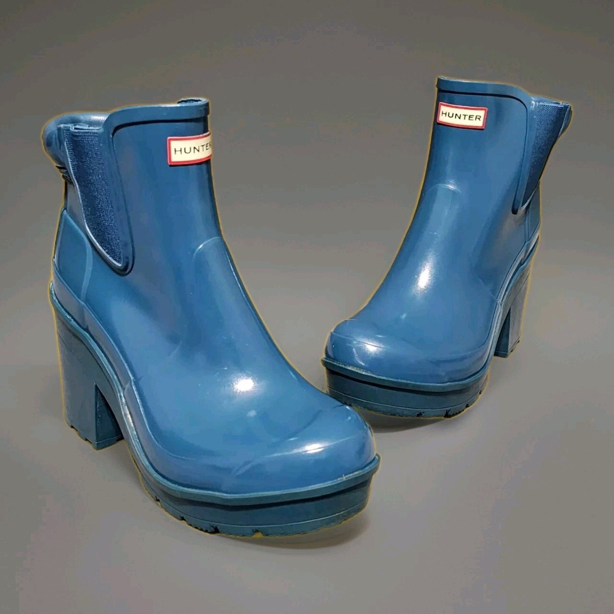 HUNTER TEAL CHUNKY BLOCK HEEL CHELSEA RAIN BOOTS Women's Size