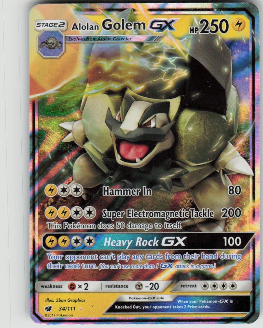 Pokemon Alolan Golem GX 34/111 SM - Crimson Invasion Holofoil Ultra Rare LP