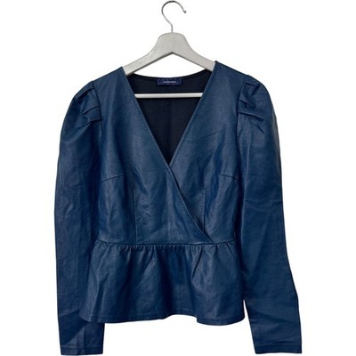 Cache Cache Peplum Faux Leather Top Sailor Blue Size 36 Long Sleeve