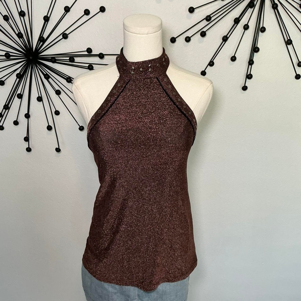 Liberty Wear Purple Metallic Studded Halter Top High Neck Backless Size XS