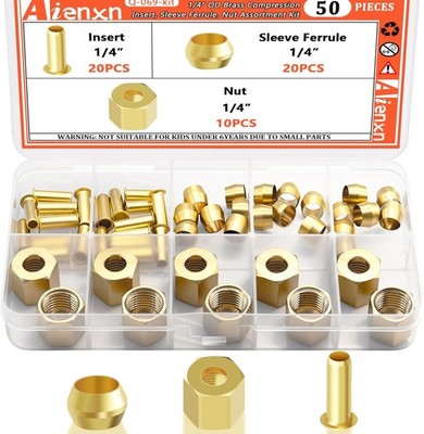 50PCS 1/4'' Brass Compression Fittings Assortment kit, Insert, Sleeve Ferrule,...